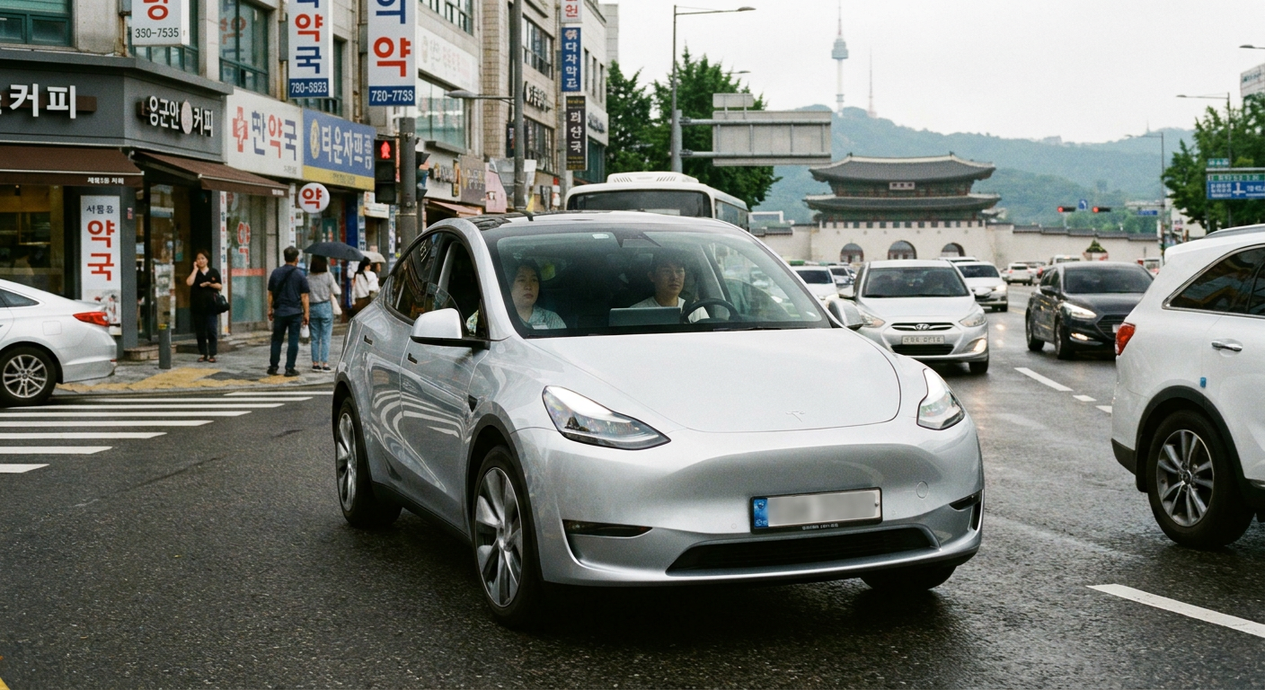 은색 테슬라 모델 Y 차량이 도심 도로를 부드럽게 주행하는 전면부 외관 전경 테슬라 모델 Y 장기렌트