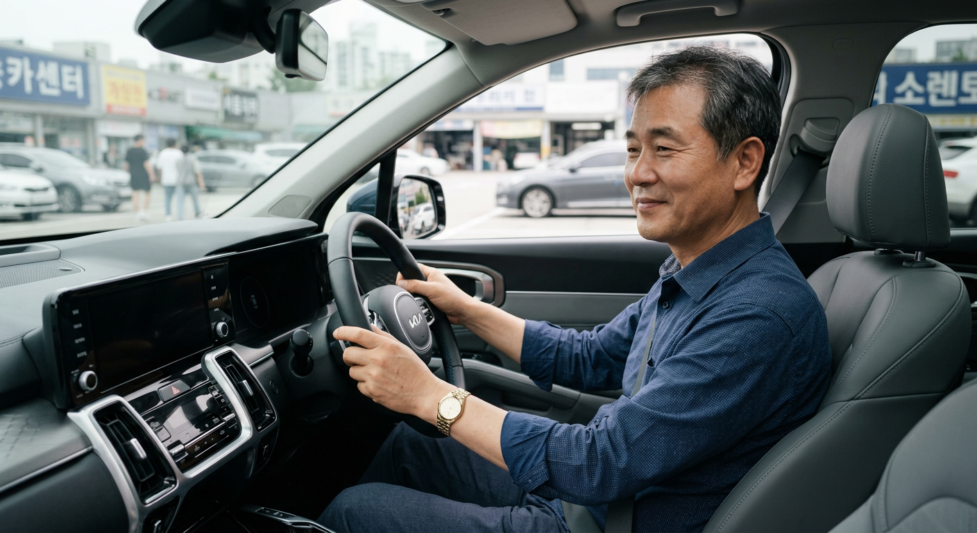50대 남성 개인사업자가 안도하는 표정으로 자신의 새 SUV 차량 운전석에 앉아 있는 모습 저신용 무심사 장기렌트