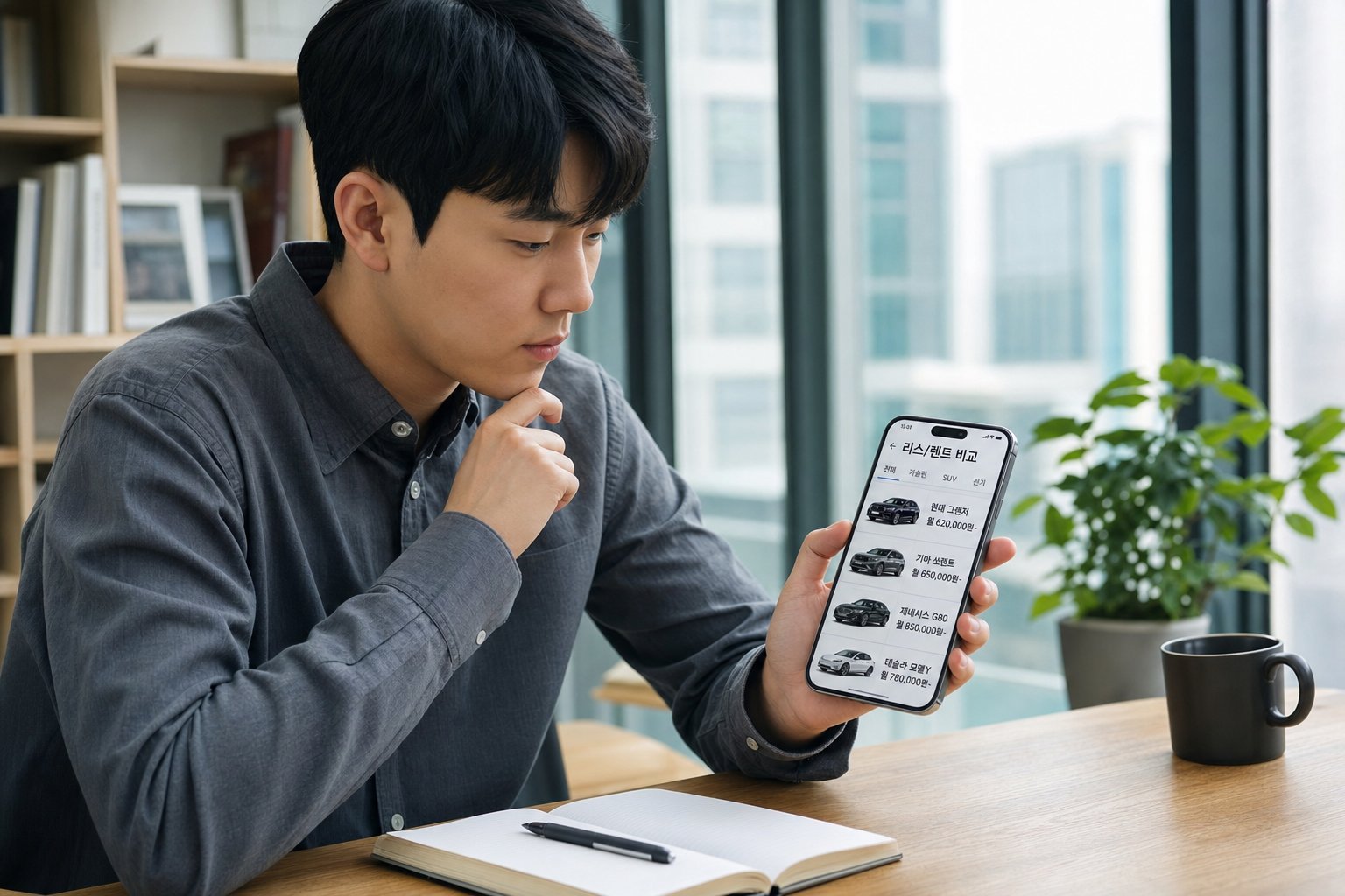 스마트폰으로 다양한 차종의 리스 및 렌트 조건을 꼼꼼히 비교하는 직장인의 모습 장기렌트 리스 비교