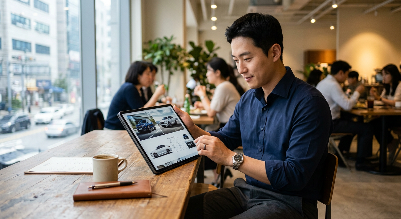 30대 남성 직장인이 태블릿 PC로 신차 라인업을 진지하게 살펴보는 모습 장기렌트 견적 계산