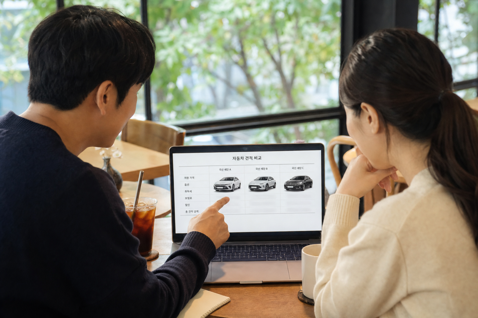 카페 테이블 위 노트북 화면으로 자동차 견적을 꼼꼼하게 비교하며 대화하는 두 사람의 모습 장기렌트 리스 장단점