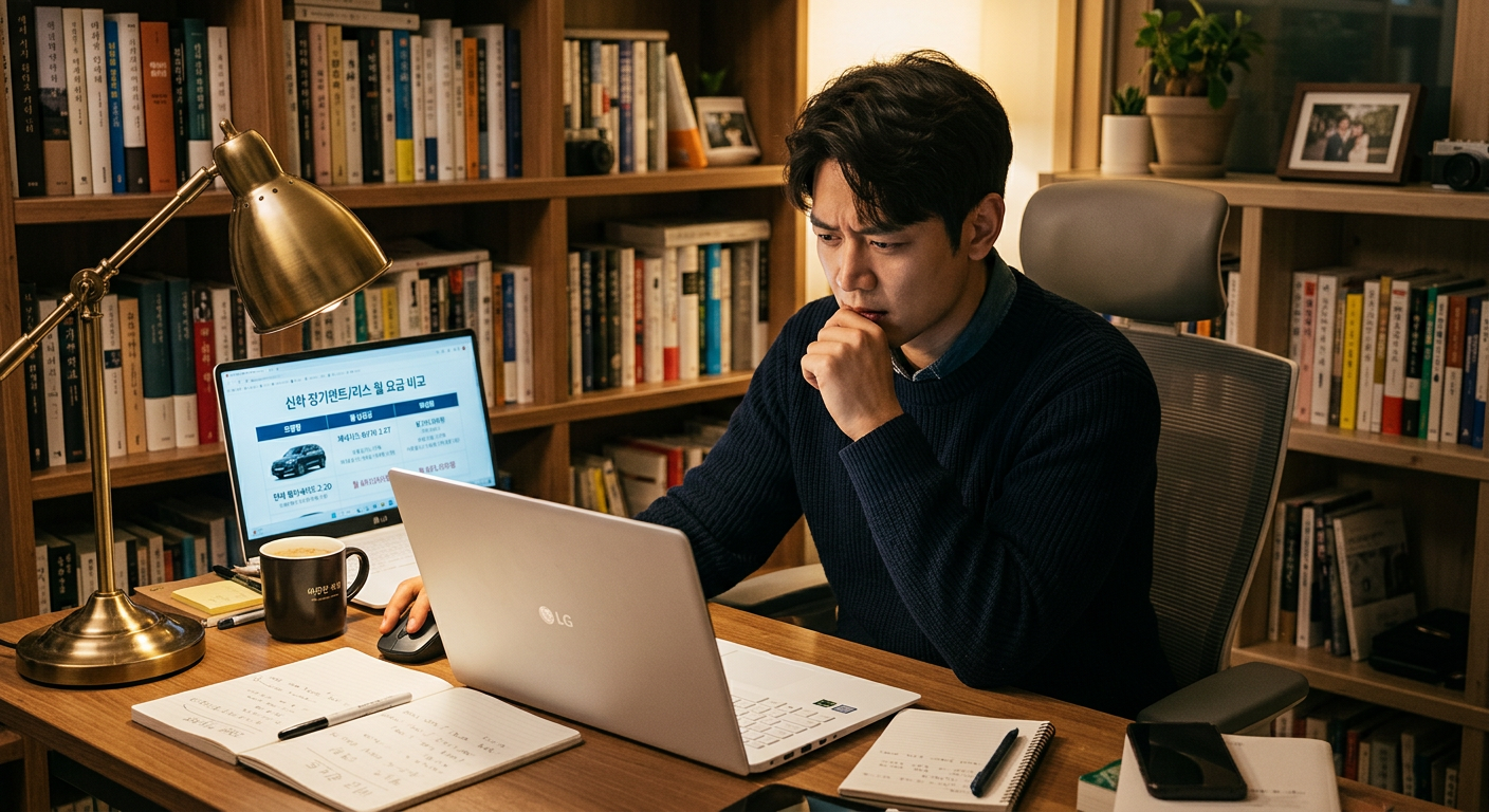 아늑한 서재에서 30대 직장인 남성이 심각한 표정으로 노트북 화면을 보며 최신 차종의 월 요금을 비교하는 모습 저신용 무보증 장기렌트