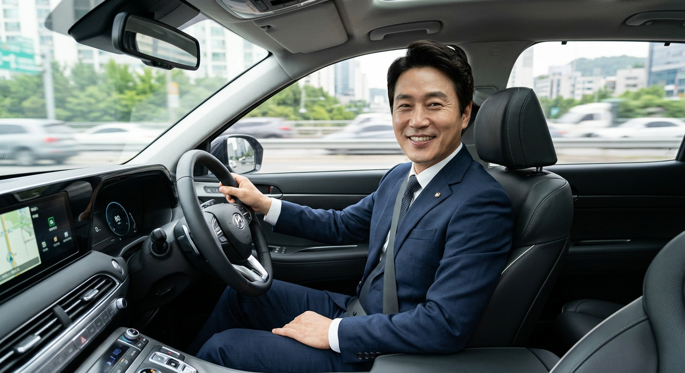 세련된 정장을 입은 비즈니스맨이 현대 팰리세이드 운전석에 앉아 미소 짓고 있는 모습 팰리세이드 법인 장기렌트