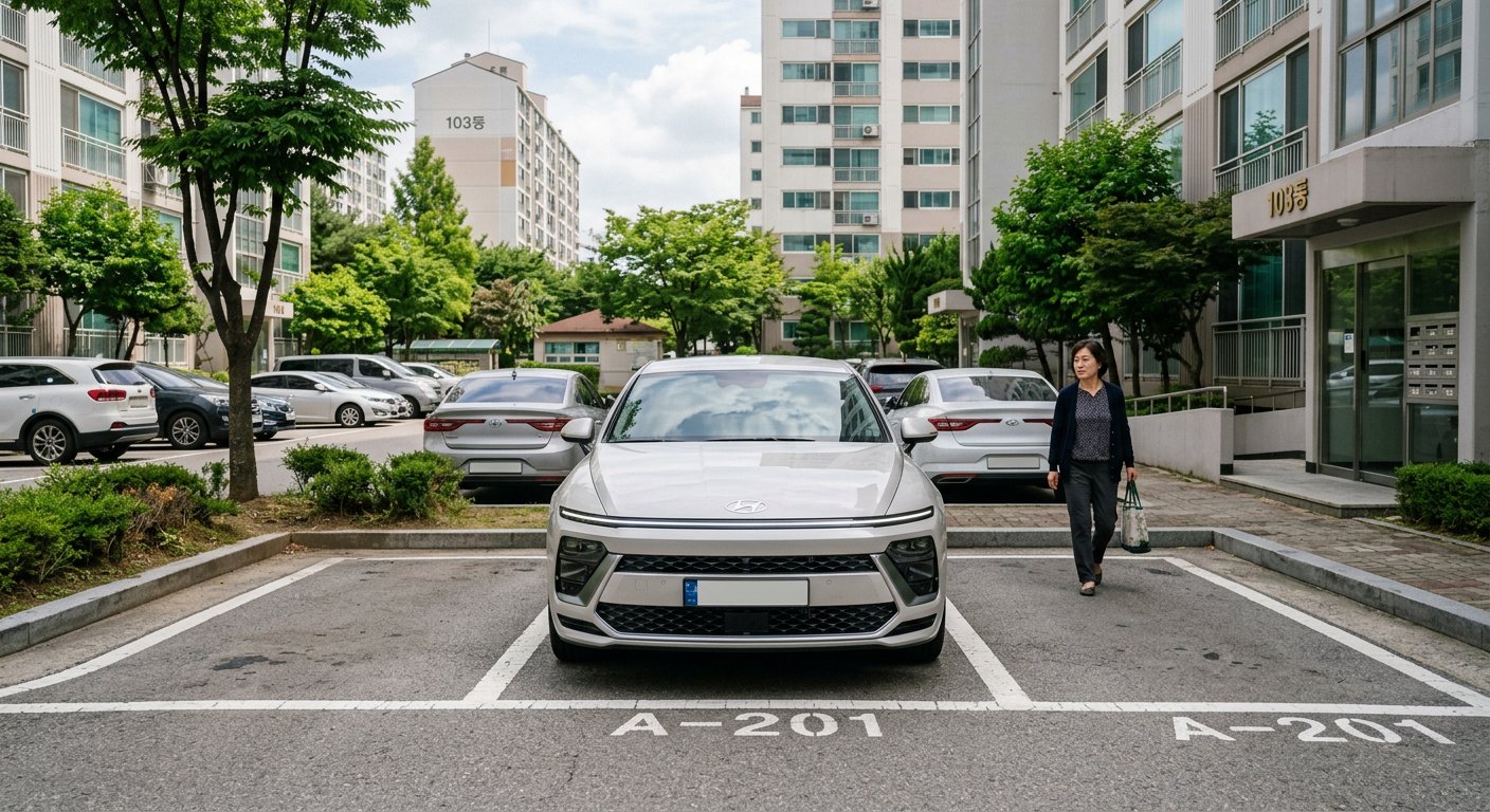 2026년형 현대 그랜저 하이브리드가 단정하고 세련된 모습으로 아파트 단지 주차장에 세워져 있는 장면 그랜저 장기렌트 견적