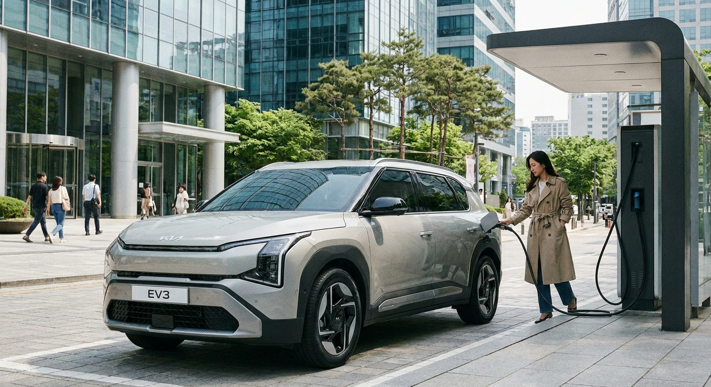 세련된 외관의 기아 EV3가 밝은 도심 속 충전소에서 충전 중인 모습 기아 EV3 장기렌트