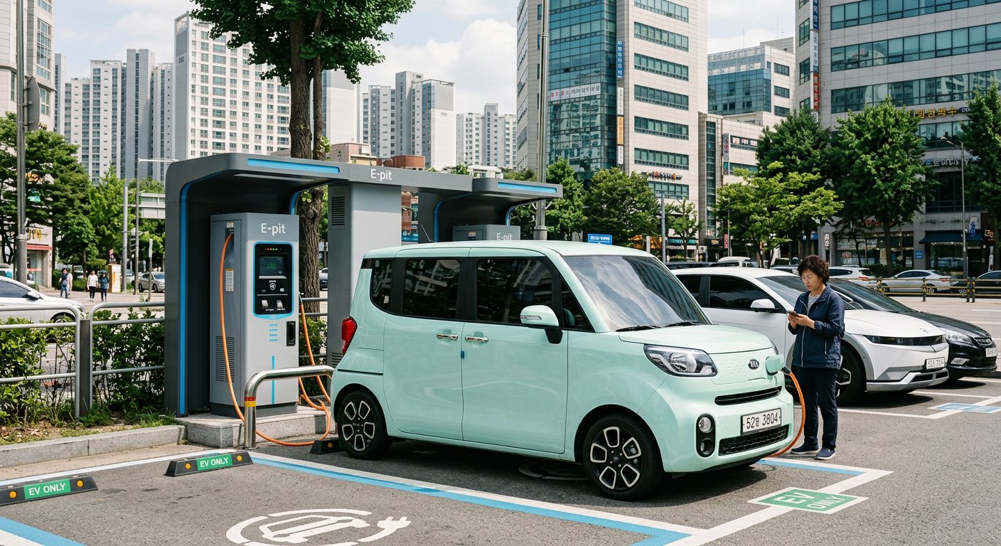 도심 충전소에 주차되어 충전 중인 민트색 기아 레이 EV 차량의 외관 전경 레이 EV 장기렌트