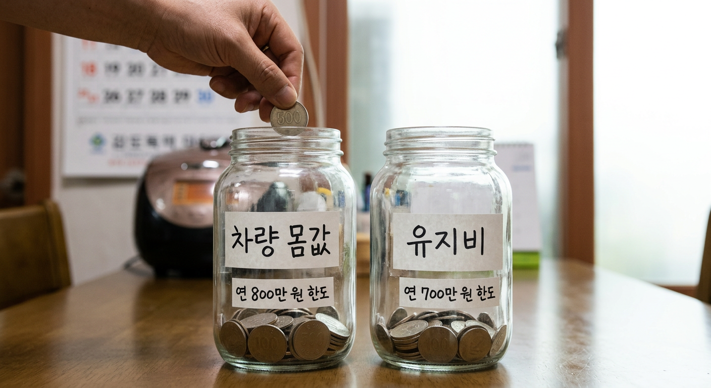 두 개의 투명한 저금통에 각각 '차량 몸값(연 800만 원 한도)', '유지비(연 700만 원 한도)'라고 적힌 라벨이 붙어 있고 동전이 채워지는 일러스트 장기렌트 자동차리스 세금