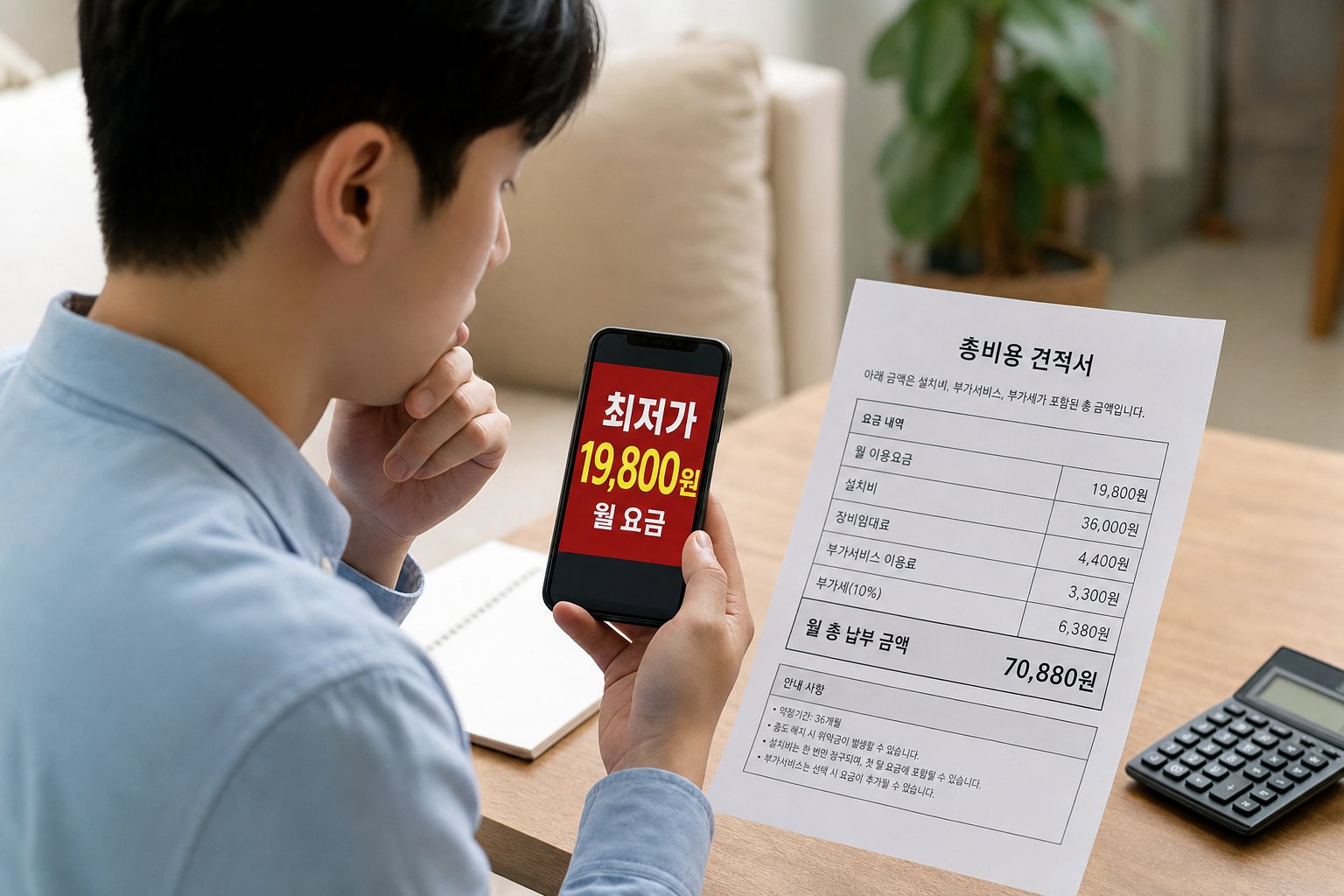 단순 최저가 광고 문구와 실제 총비용 견적서의 차이점을 대비하여 보여주는 일러스트