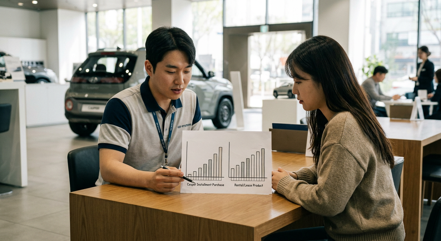 캐스퍼 할부 구매와 대여 상품의 48개월 누적 지출 흐름을 단순한 막대로 시각화한 도표 캐스퍼 장기렌트