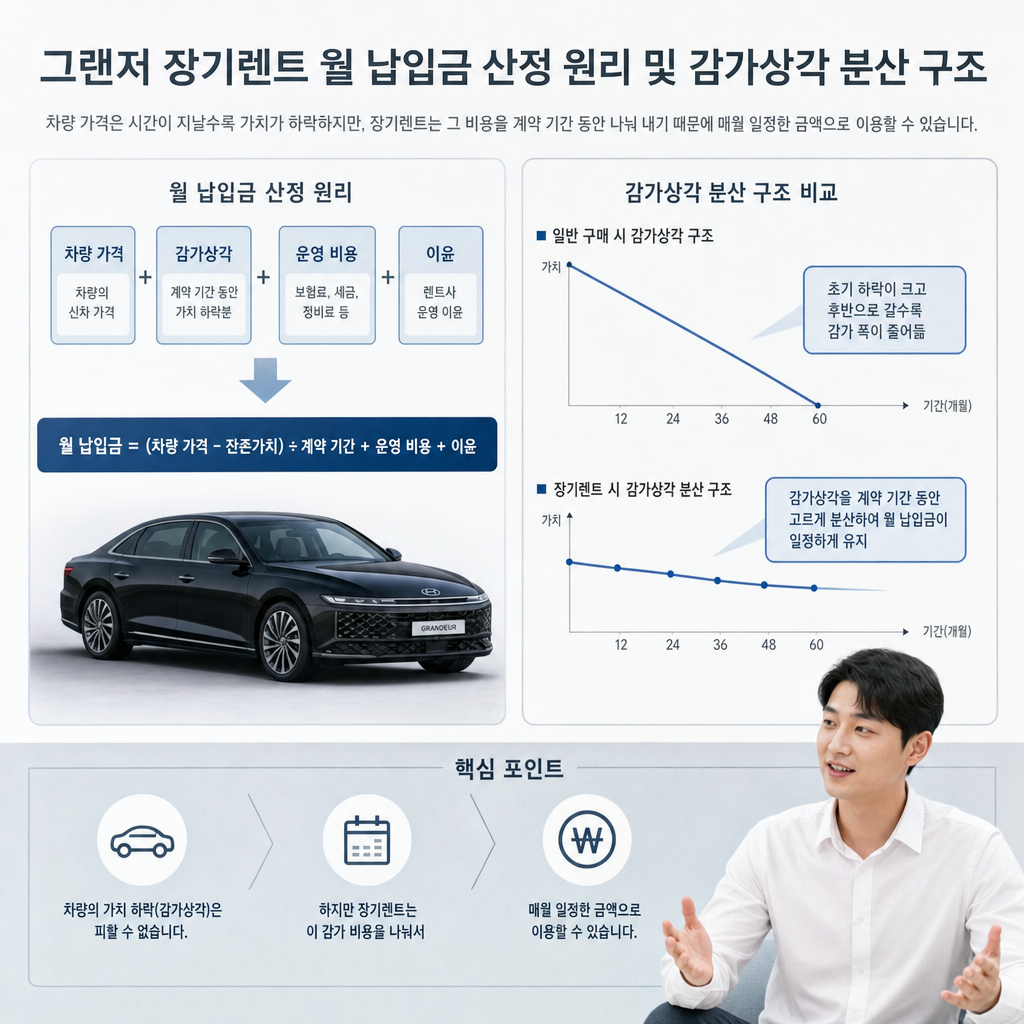 그랜저 장기렌트 월 납입금 산정 원리 및 감가상각 분산 구조를 보여주는 비교 차트