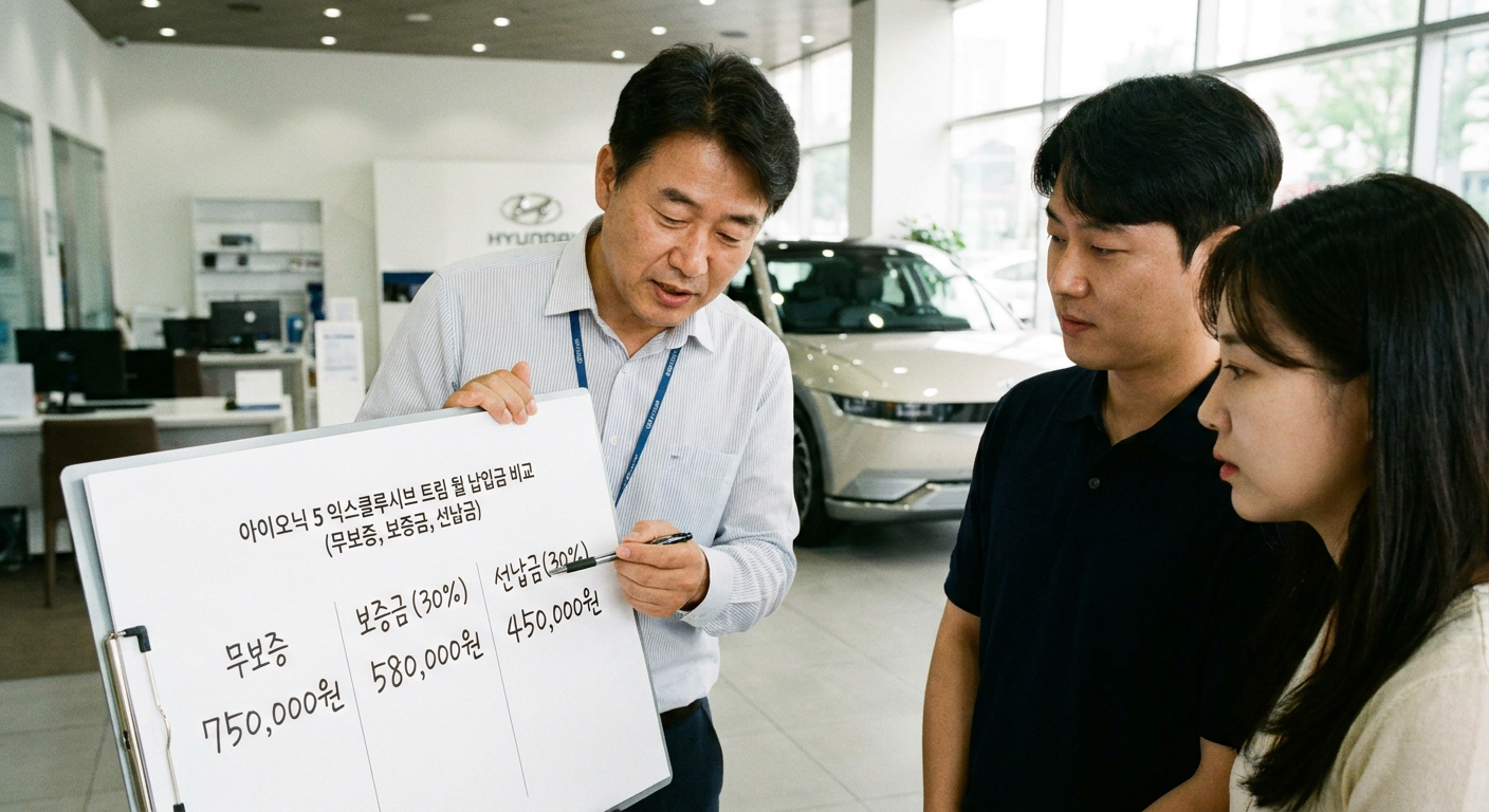아이오닉 5 익스클루시브 트림 기준 무보증, 보증금, 선납금 조건별 월 납입금 대조표 아이오닉5 장기렌트 가격