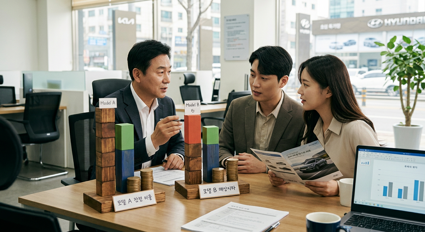 동일 조건(60개월, 선납 30%)에서 두 차종의 잔존가치 비율 차이와 월 납입금 변동 폭을 나타낸 막대그래프