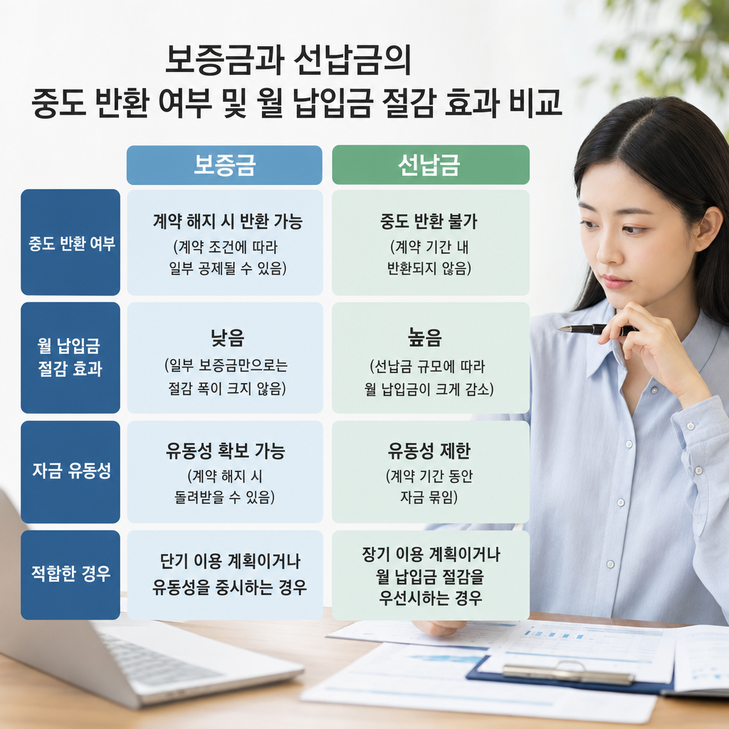 보증금과 선납금의 중도 반환 여부 및 월 납입금 절감 효과 비교 다이어그램