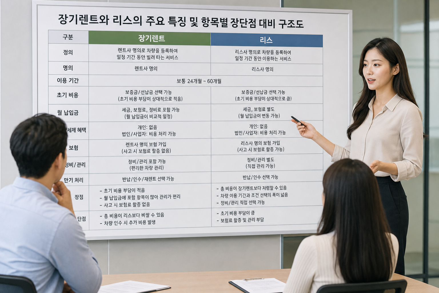장기렌트와 리스의 주요 특징 및 항목별 장단점 대비 구조도