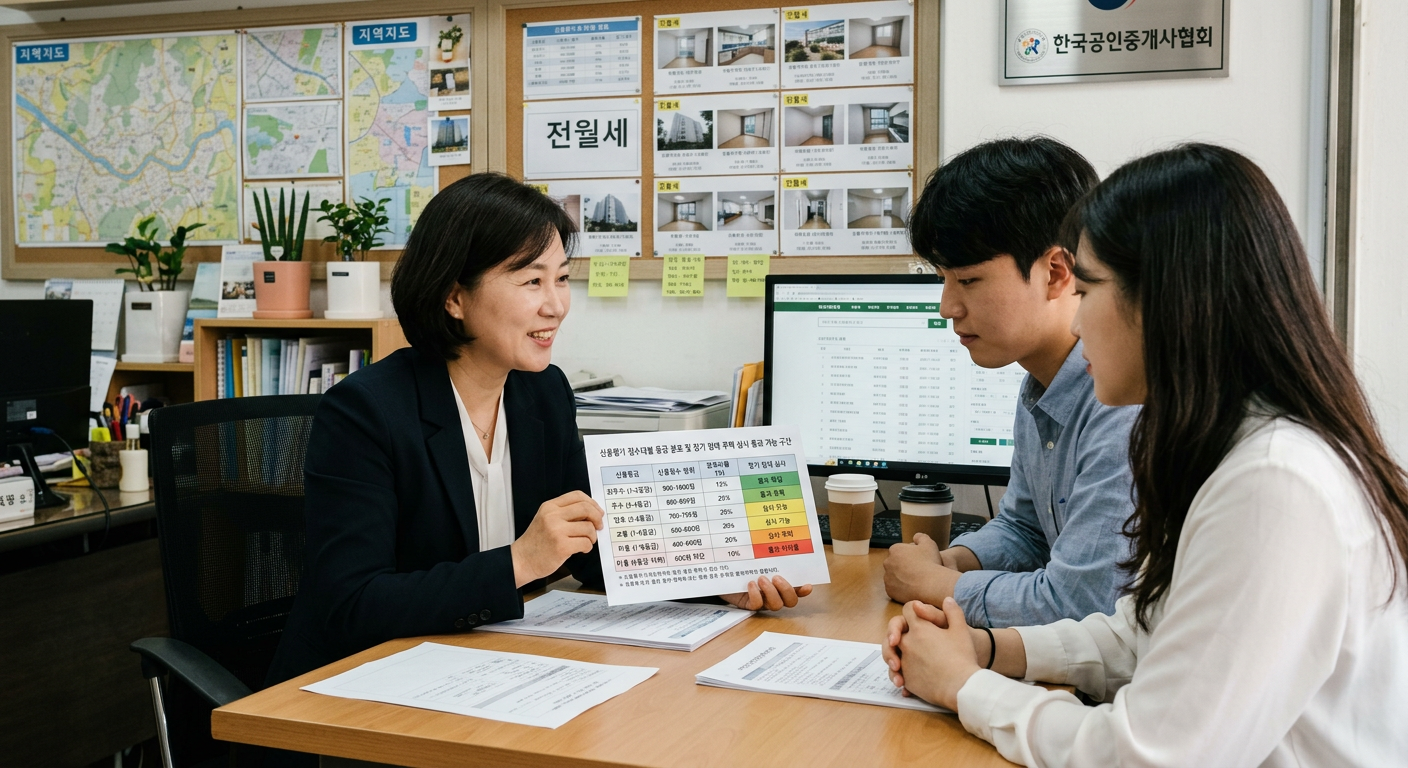 개인 신용평가 점수대별 등급 분포와 장기 임대 상품 심사 통과 가능 구간을 나타낸 신용점수 등급표 예시 그래픽