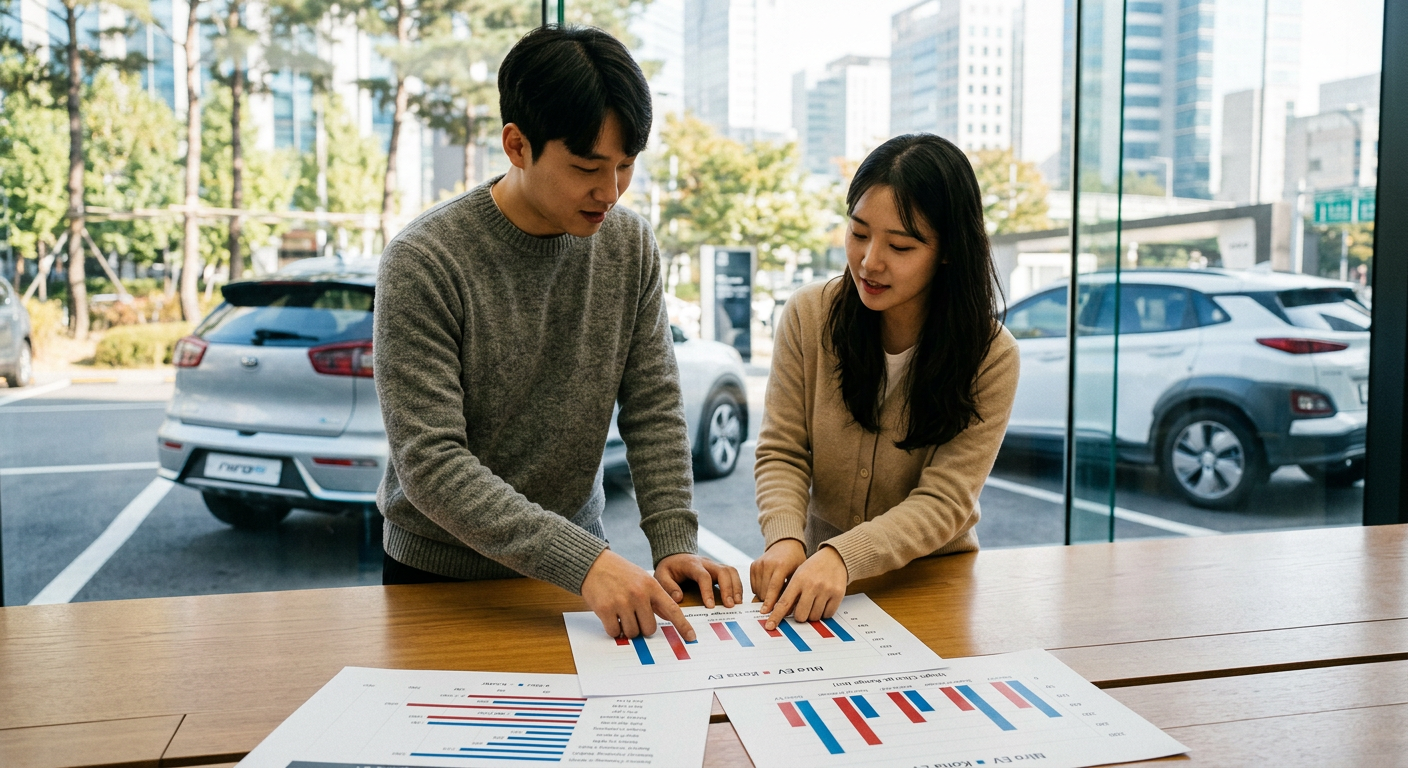 니로 EV와 코나 EV의 배터리 용량 및 1회 충전 주행거리 비교 데이터 바 차트