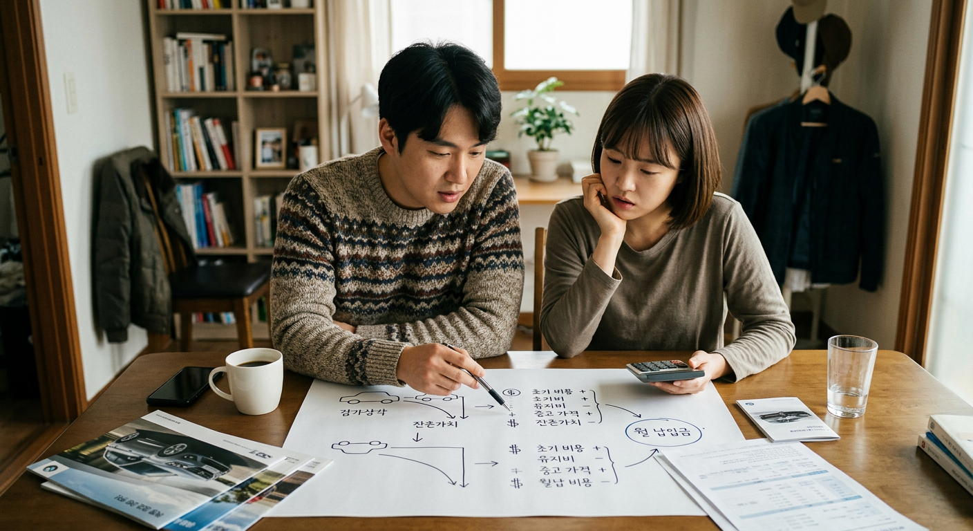차량 감가상각과 잔존가치가 월 납입금에 미치는 영향을 알기 쉽게 정리한 도식