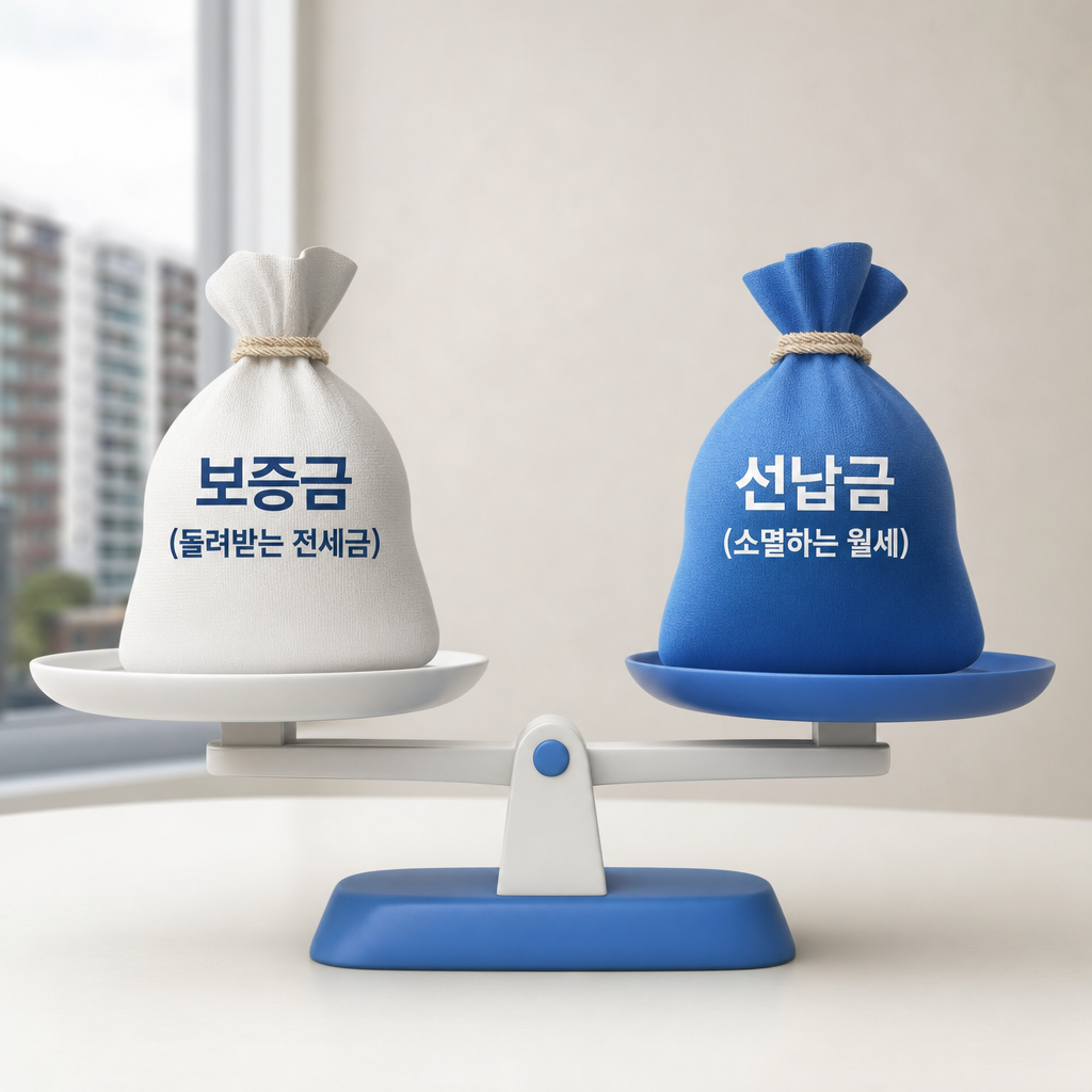 흰색과 파란색 저울 위에 각각 '보증금(돌려받는 전세금)'과 '선납금(소멸하는 월세)' 주머니가 올려져 균형을 비교하는 직관적인 3D 그래픽 이미지