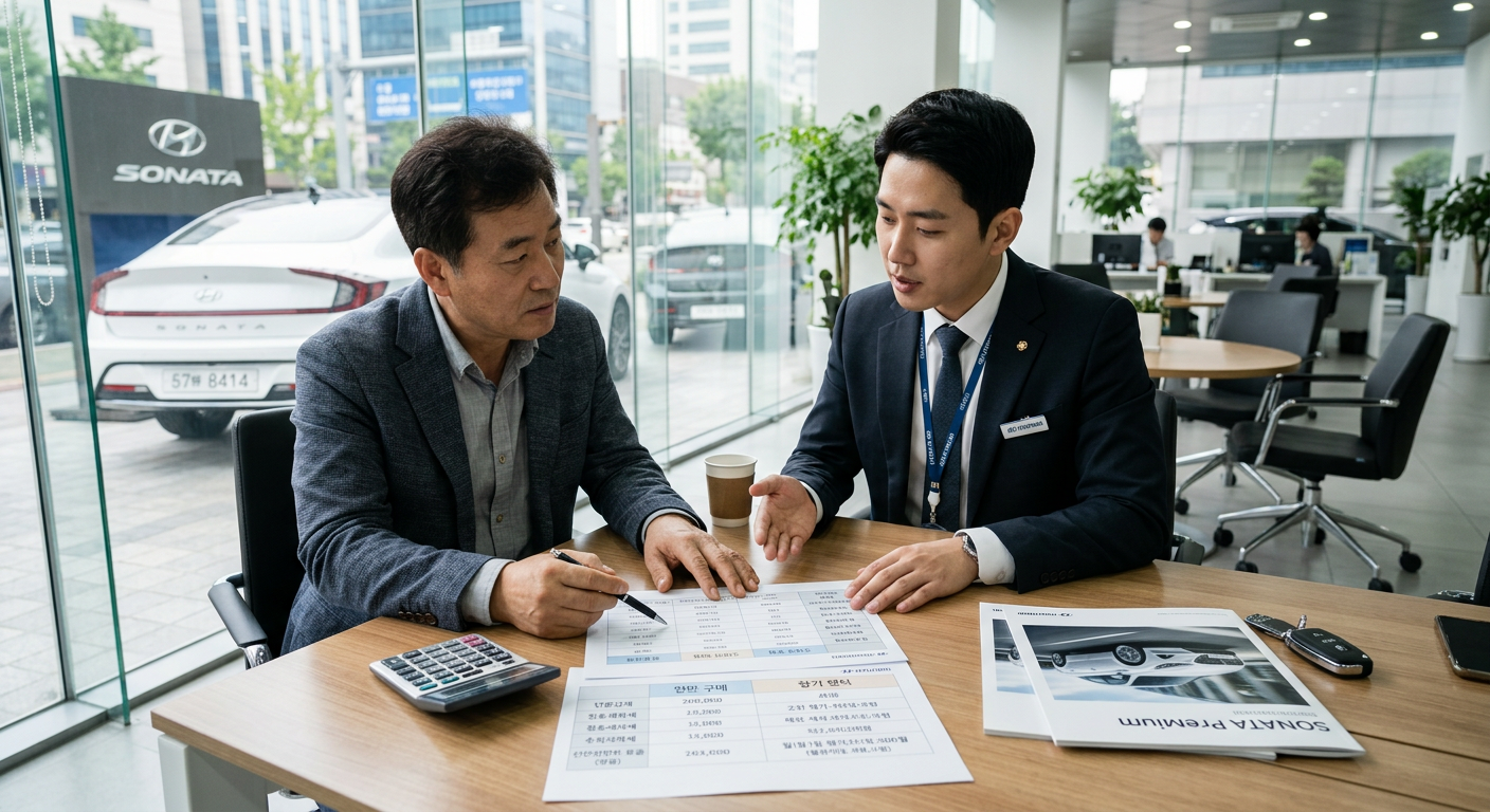 쏘나타 프리미엄 트림 기준 일반 구매와 장기렌트의 초기 비용 부담 항목 비교표 쏘나타 장기렌트
