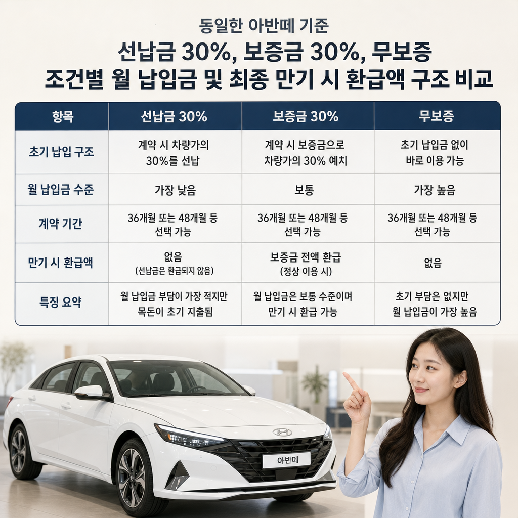 동일한 아반떼 기준 선납금 30%, 보증금 30%, 무보증 조건별 월 납입금 및 최종 만기 시 환급액 구조 비교 차트 아반떼 장기렌트 가격