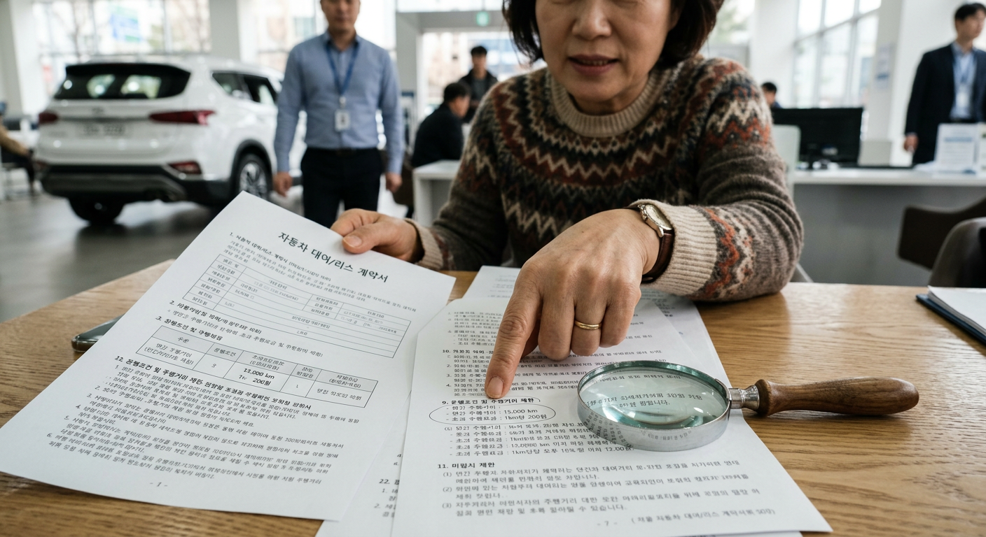 자동차 계약서 위에 놓인 돋보기와 주행거리 제한 항목을 가리키는 손가락