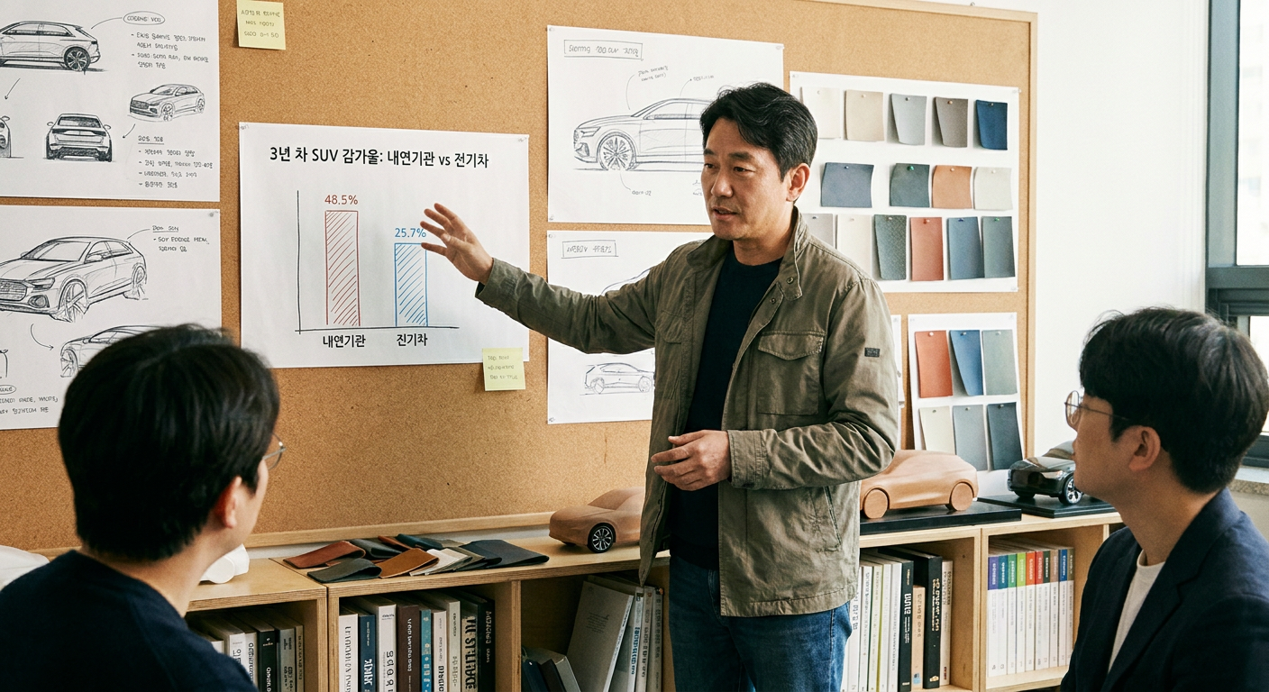 출시 3년 경과 시점의 내연기관 SUV 대비 전기차 감가상각률 비교 막대그래프 아이오닉5 장기렌트 가격