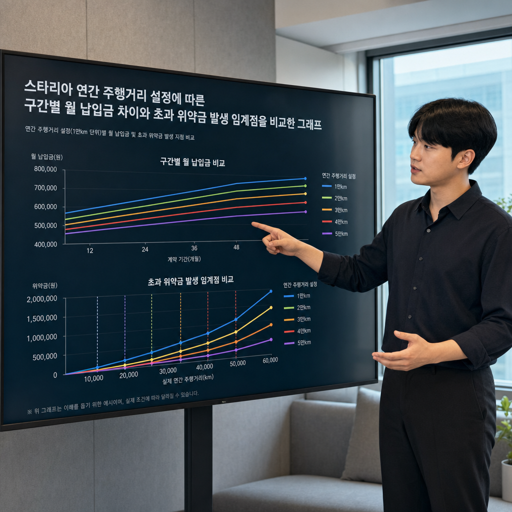 스타리아 연간 주행거리 설정에 따른 구간별 월 납입금 차이와 초과 위약금 발생 임계점을 비교한 그래프 스타리아 장기렌트 주행거리