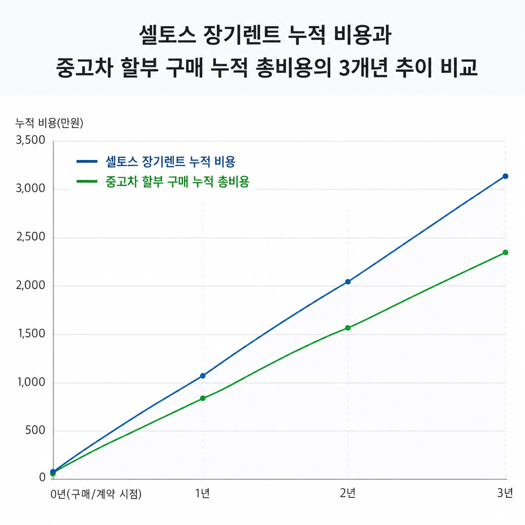 셀토스 장기렌트 누적 비용과 중고차 할부 구매 누적 총비용의 3개년 추이 비교 그래프 셀토스 장기렌트 비용