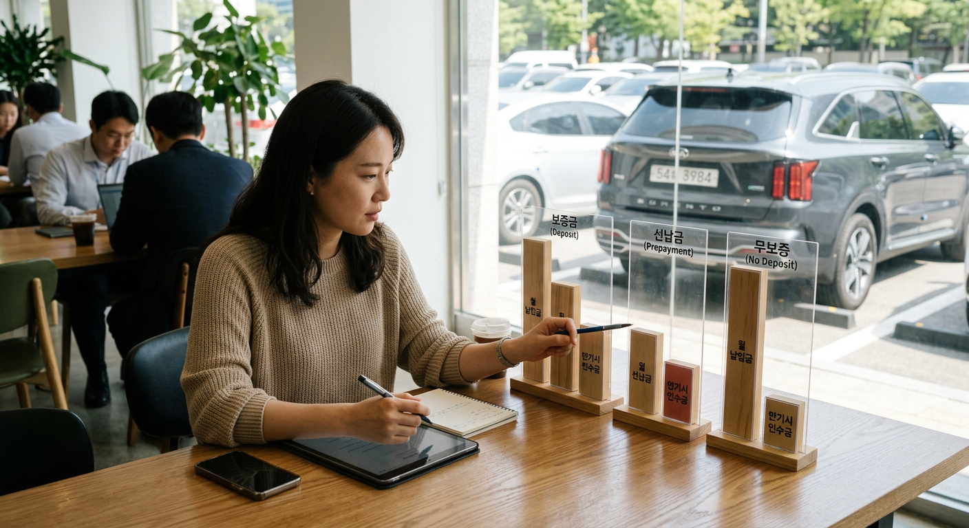 쏘렌토 하이브리드 기준 보증금 vs 선납금 vs 무보증 월 납입금 및 만기 정산 비교 그래프