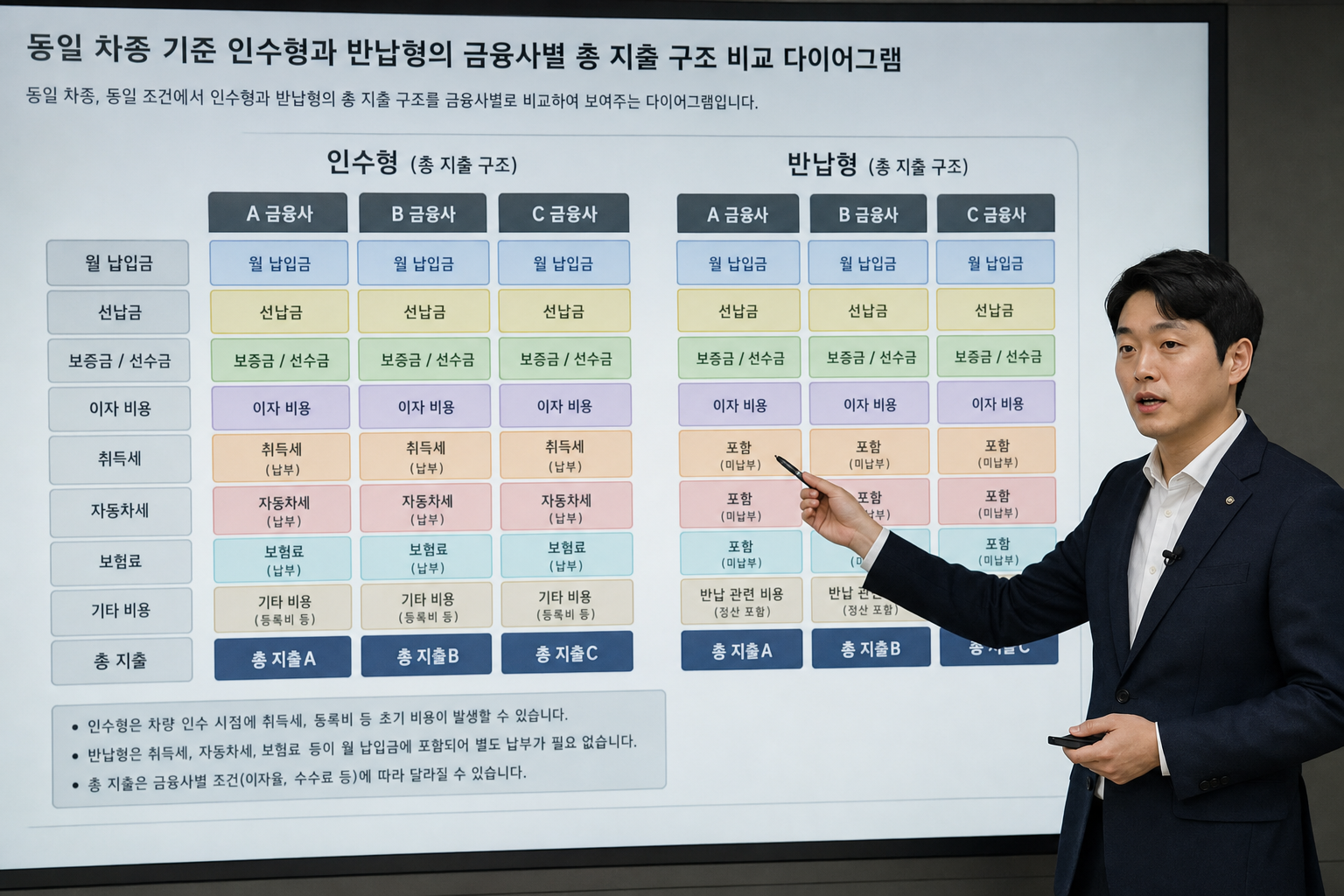 동일 차종 기준 인수형과 반납형의 금융사별 총 지출 구조 비교 다이어그램 장기렌트 비교견적