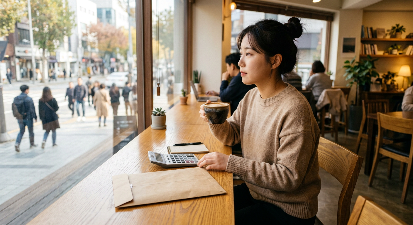 밝은 조명의 카페 창가 테이블 위에 놓인 깔끔한 서류봉투와 계산기 장기렌트 견적 계산