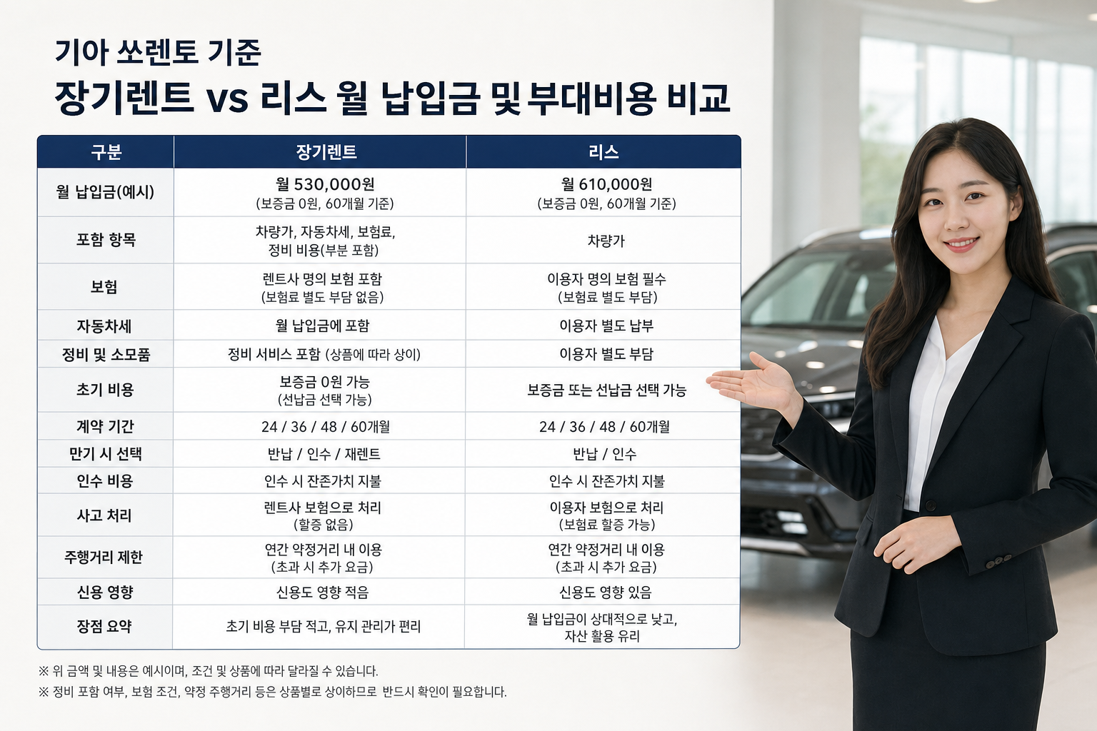기아 쏘렌토 기준 장기렌트 vs 리스 월 납입금 및 부대비용 비교 차트 장기렌트 리스 장단점