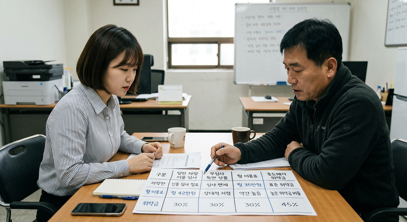 일반 차량 이용 심사와 무심사 특판 상품의 계약 조건, 월 이용료 차이 및 중도해지 위약금 비교표 저신용 무보증 장기렌트