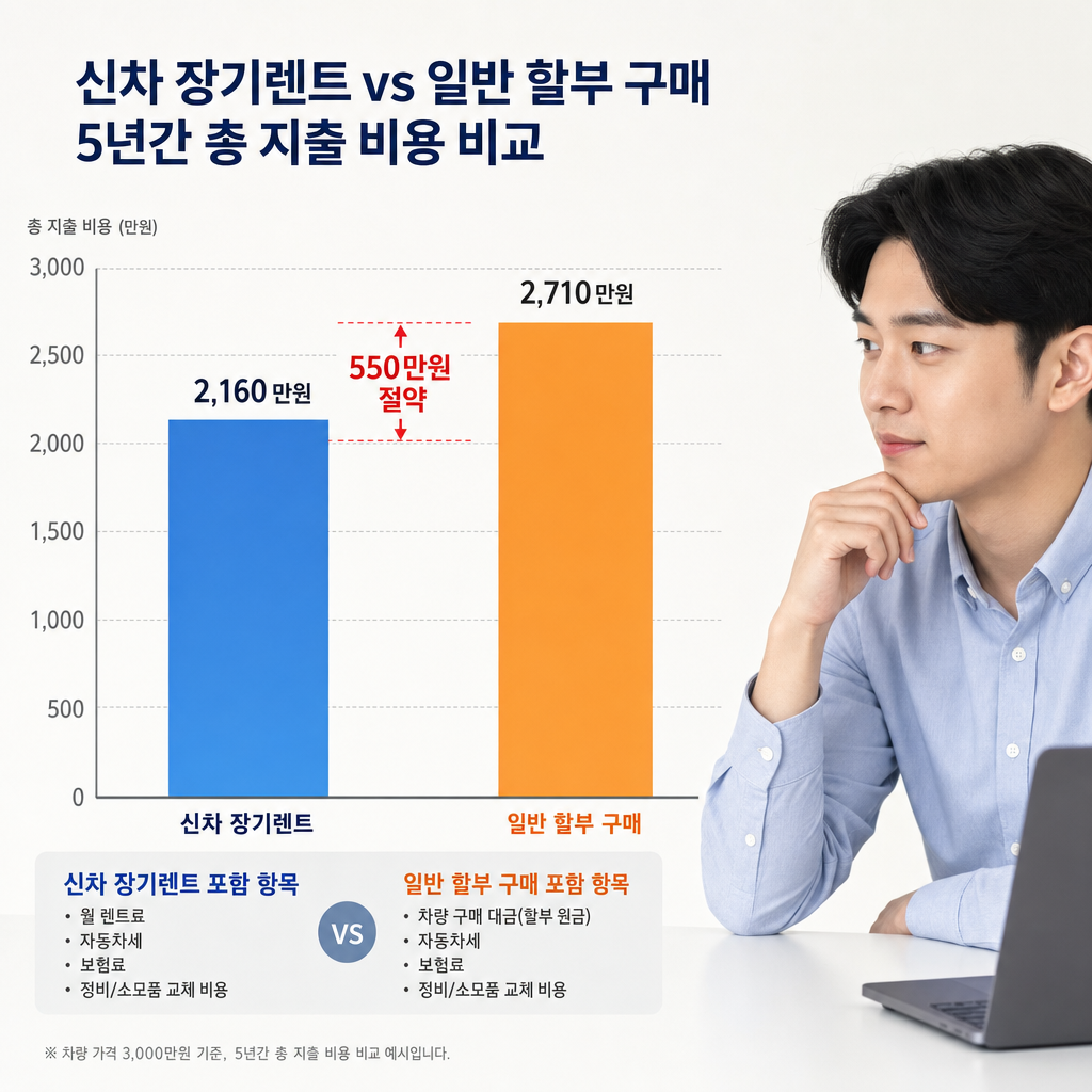 신차 장기렌트와 일반 할부 구매의 5년간 총 지출 비용 차이를 직관적으로 비교한 막대그래프 팰리세이드 장기렌트