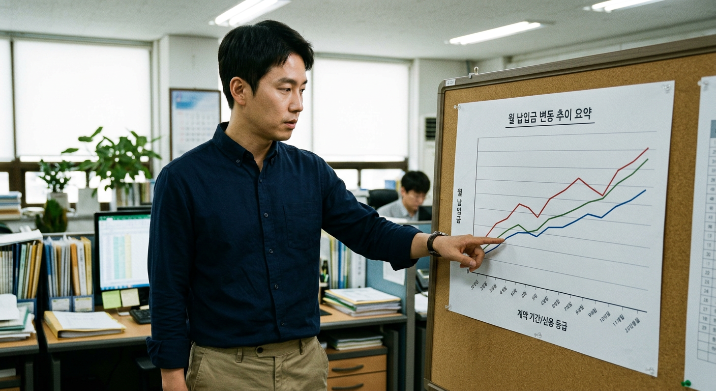 저신용 장기렌트 계약 조건별 월 납입금 변동 추이 요약 그래프 저신용 장기렌트 조건