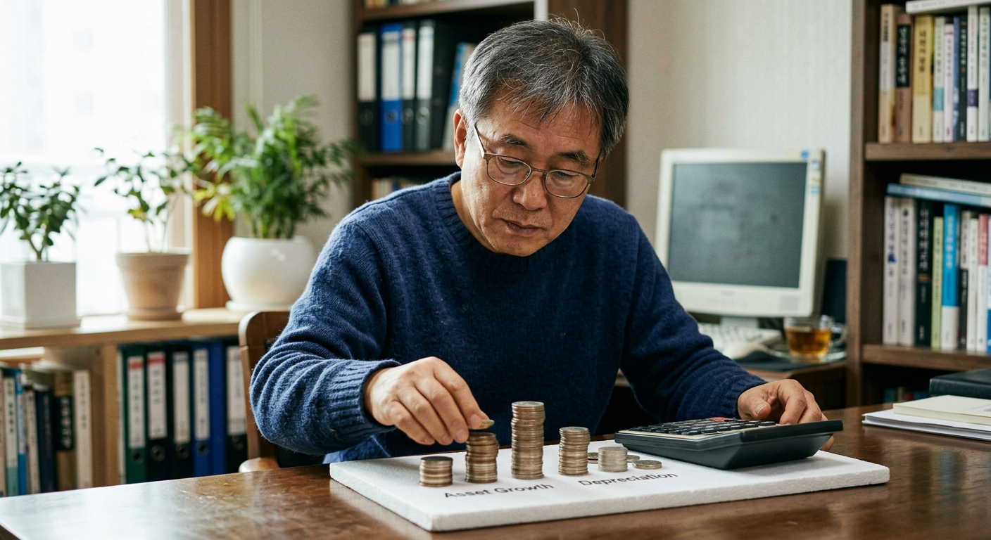 자산운용 및 감가상각을 도식화한 동전과 계산기 모형의 깔끔한 3D 그래픽 이미지 니로 EV 장기렌트