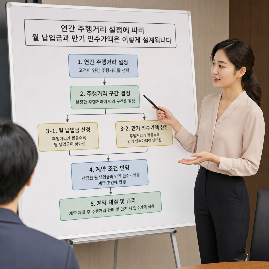 연간 주행거리 설정에 따라 월 납입금과 만기 인수가액이 어떻게 설계되는지 보여주는 흐름도 레이 영업용 장기렌트