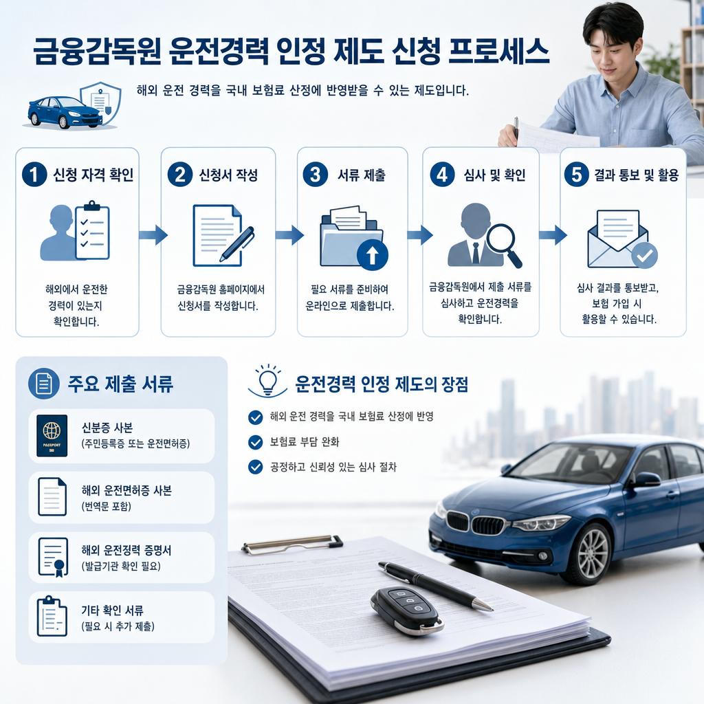 금융감독원의 운전경력 인정 제도 신청 프로세스를 도식화한 인포그래픽, 신뢰감을 주는 서류 및 자동차 아이콘 구성