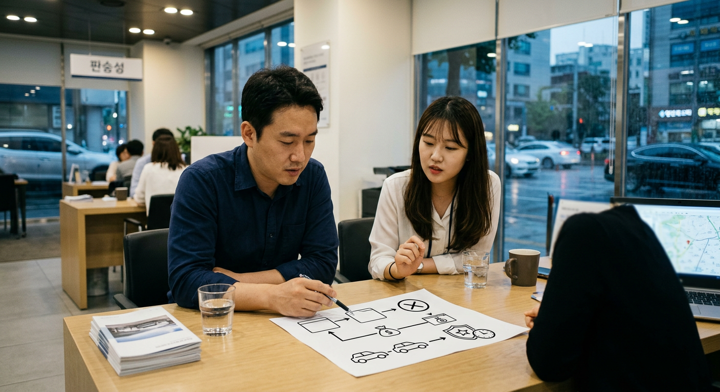 장기렌트 중도 계약 해지 시 발생하는 위약금 계산법과 보험 경력 유지 조건을 설명하는 도식 자료