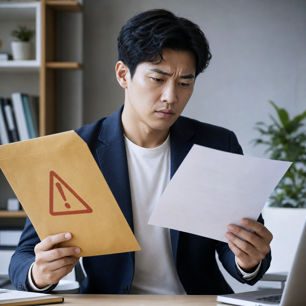주의 마크가 그려진 서류 봉투와 계약서를 보며 신중하게 고민하고 있는 인물의 상반신 일러스트