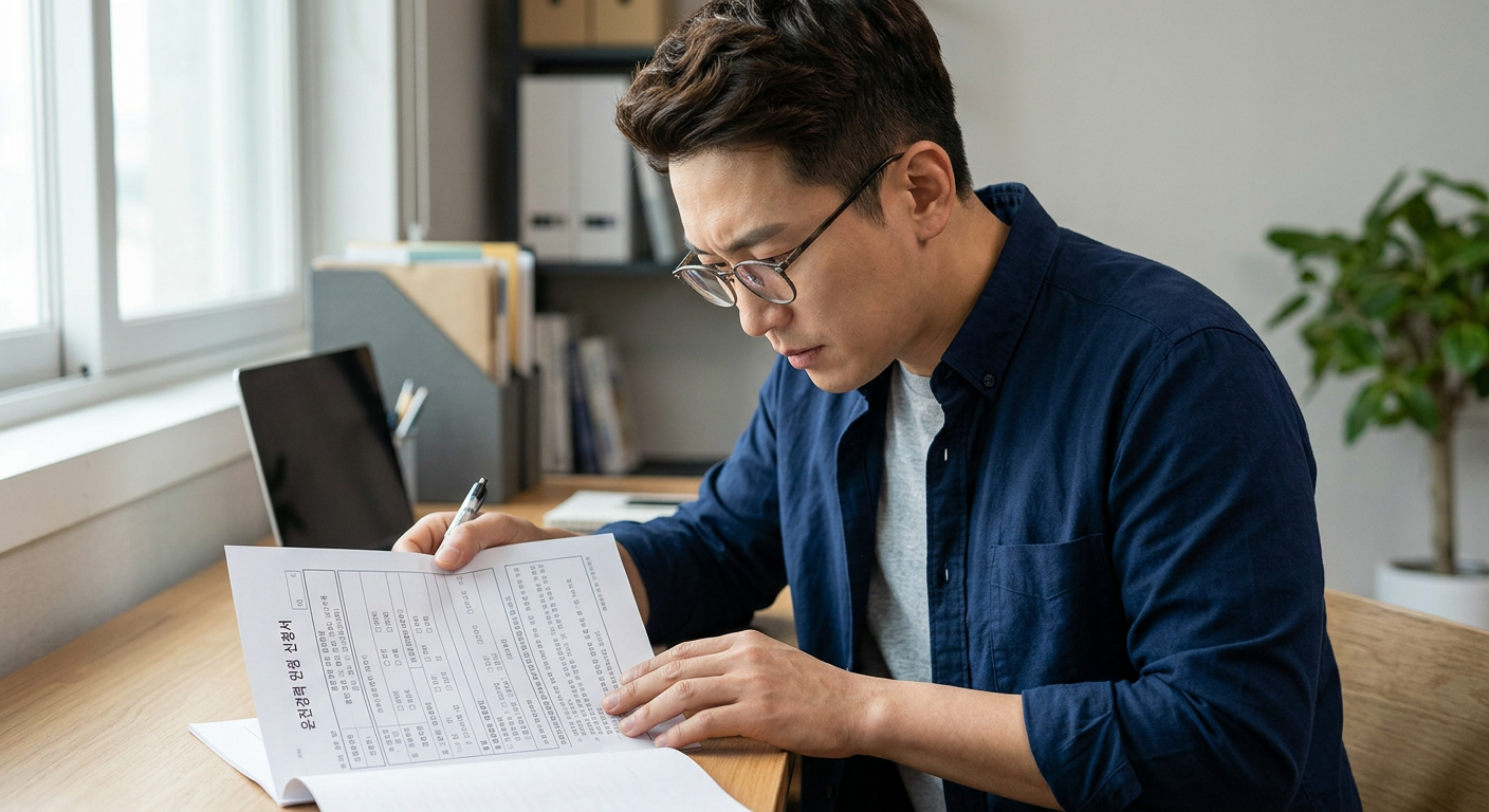 장기렌트 계약 시 운전경력 인정 신청서 양식을 확인하는 꼼꼼한 운전자의 모습