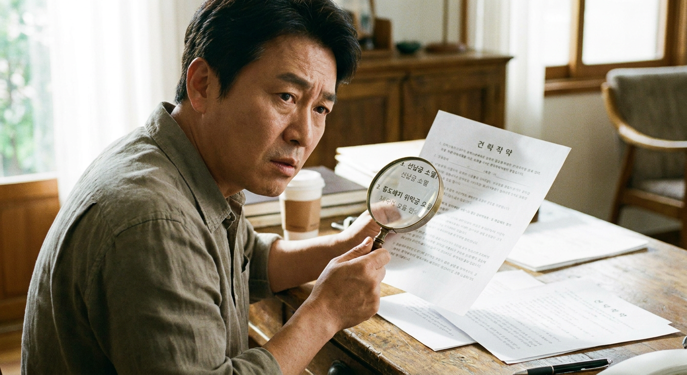 계약서의 '선납금 소멸' 조항과 '중도해지 위약금 요율' 부분을 돋보기로 꼼꼼하게 들여다보는 모습 신차장기렌트 쏘렌토