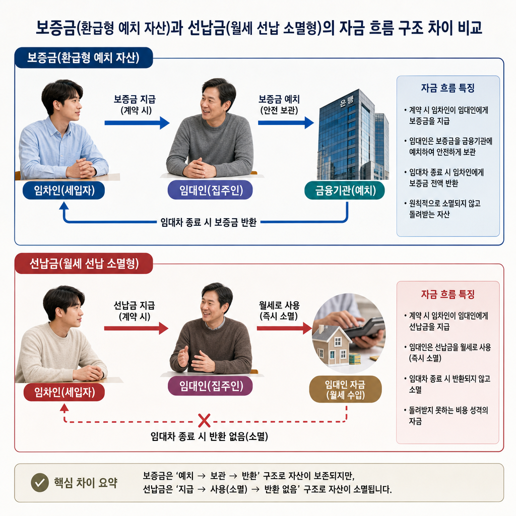 보증금(환급형 예치 자산)과 선납금(월세 선납 소멸형)의 자금 흐름 구조 차이를 비교한 다이어그램