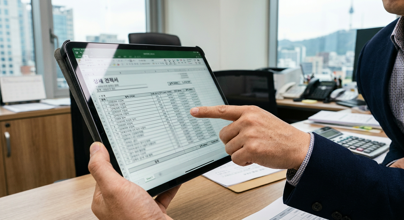 태블릿 PC 화면에 표시된 상세 견적서의 숫자 데이터들을 손가락으로 가리키며 설명하는 전문가의 손길