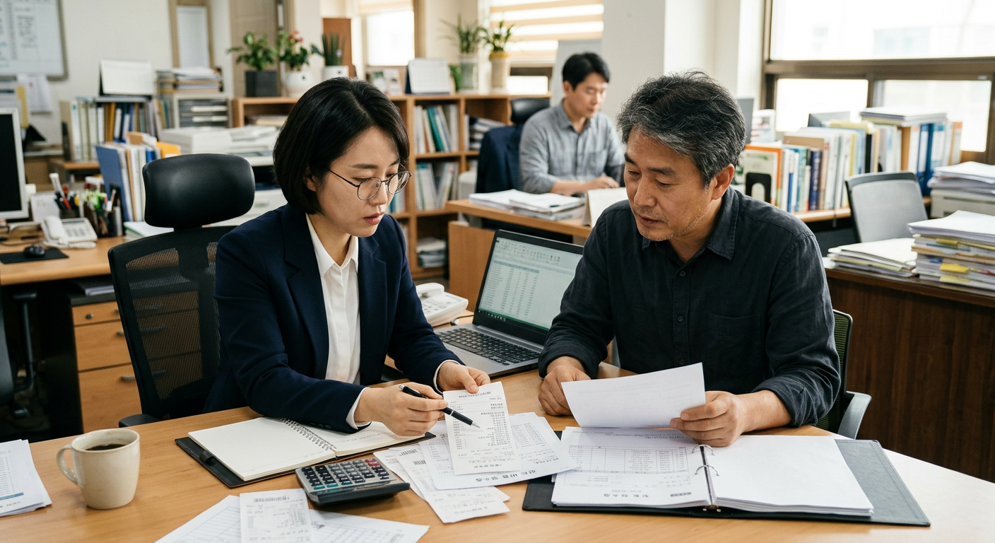 법인세 및 종합소득세 신고를 위해 세무 대리인과 장기 대여 비용 처리 영수증을 검토하는 사무실 업무 현장 영업직 그랜저 장기렌트