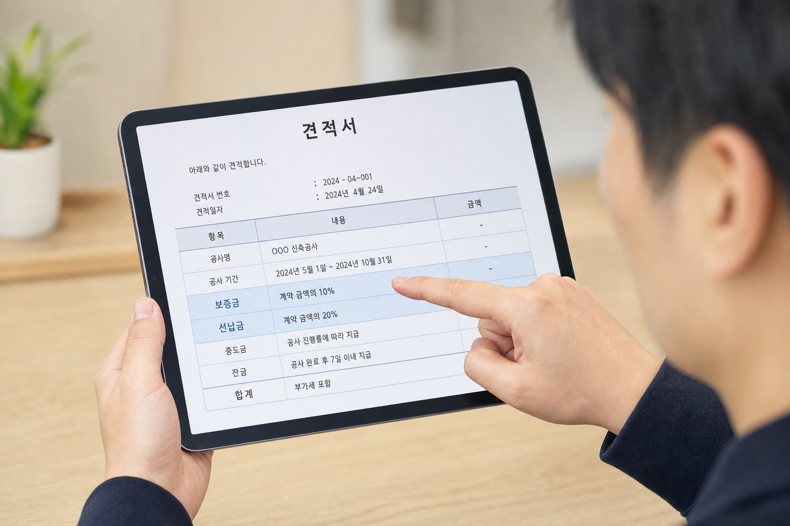 태블릿 PC 화면에 표시된 견적서의 보증금 항목과 선납금 항목을 손가락으로 가리키며 비교하는 장면