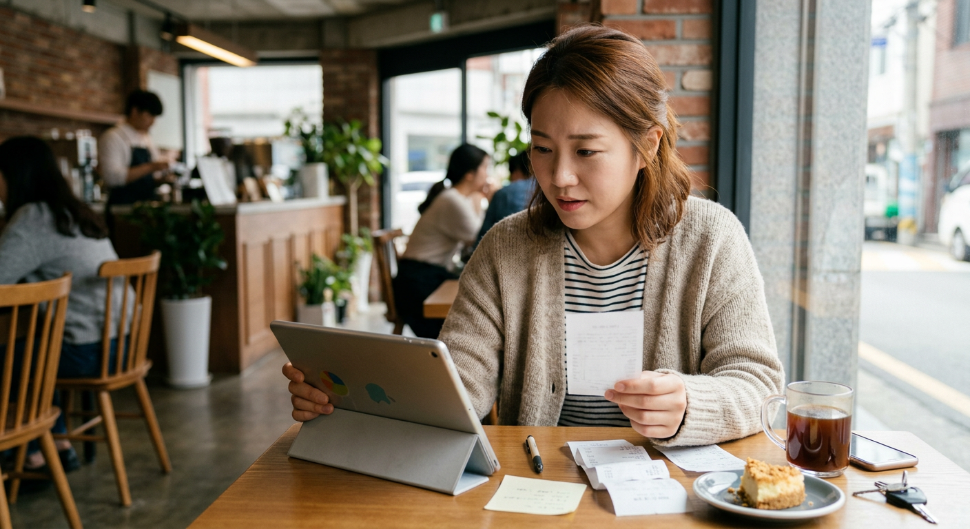 태블릿 화면 속 장기 대여 월 납입금 구성표와 일반 할부 구매의 추가 지출 비용 영수증을 대비하여 보여주는 컷