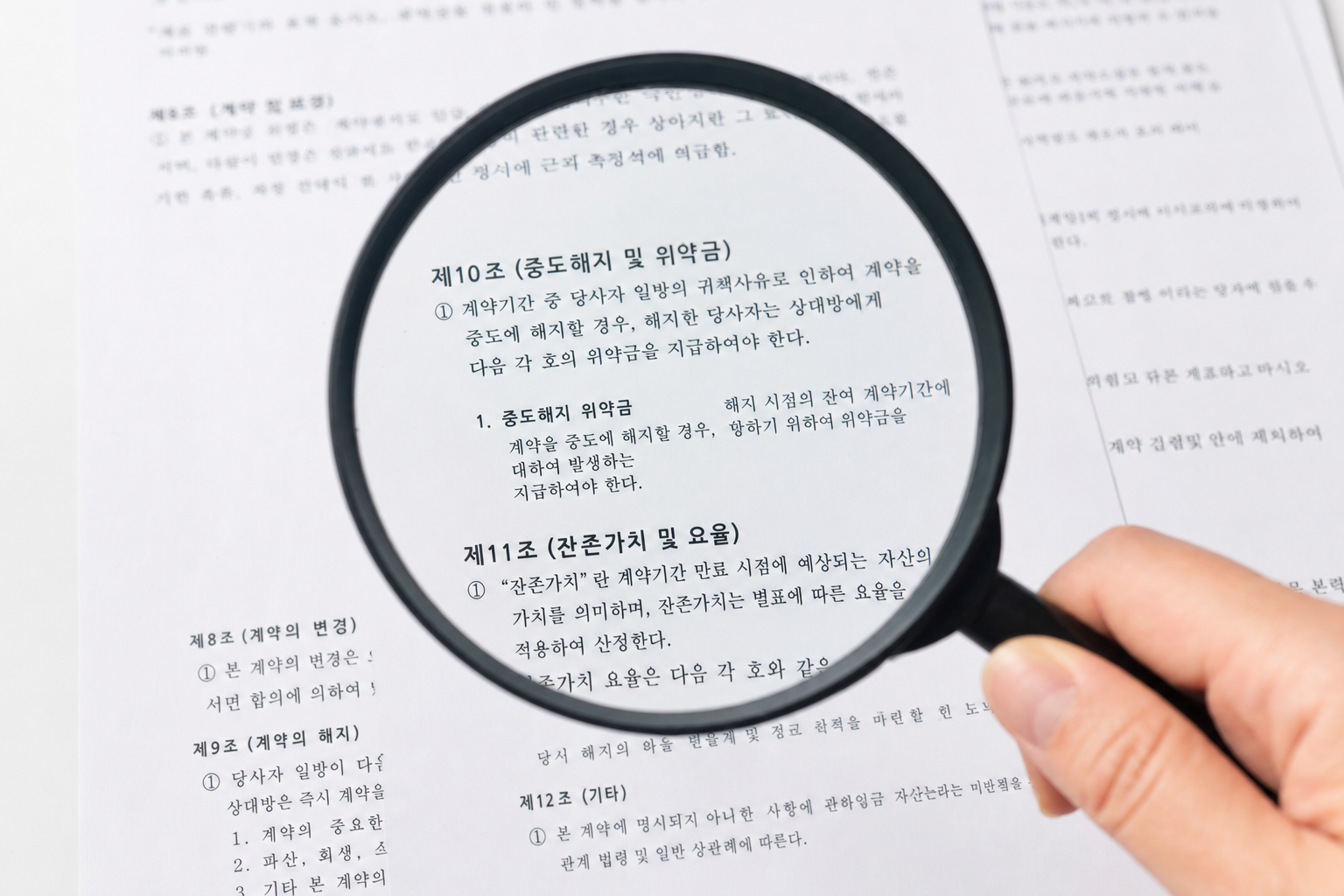 계약서의 중도해지 위약금 및 잔존가치 요율 조항을 돋보기로 꼼꼼하게 살피는 그래픽 이미지