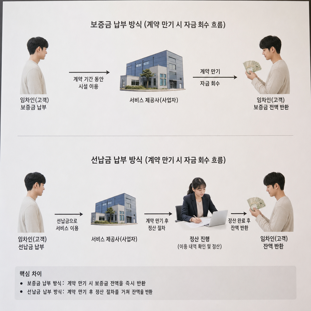 보증금 납부 방식과 선납금 납부 방식의 계약 만기 시점 자금 회수 흐름을 직관적으로 보여주는 비교 다이어그램