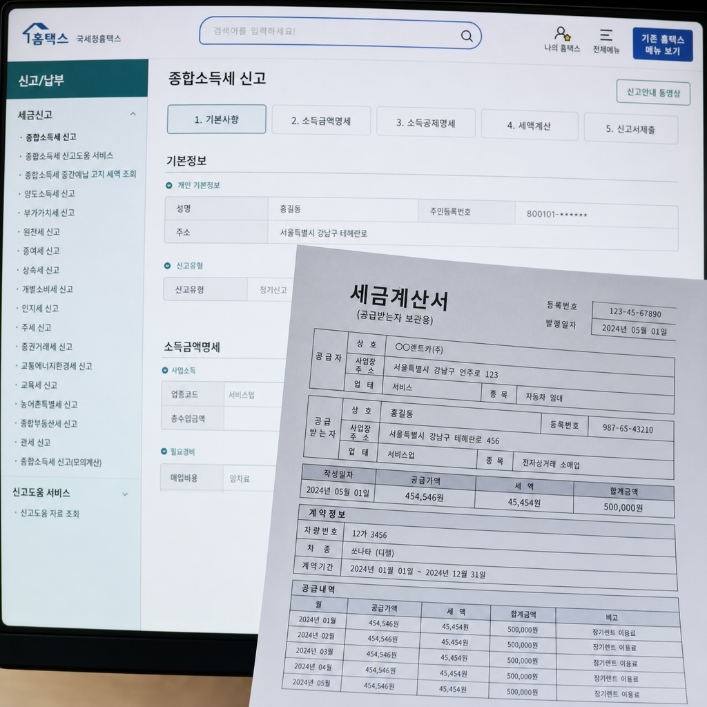 개인사업자 세금 신고 화면과 매달 발행되는 장기렌트 세금계산서가 겹쳐진 시각 자료